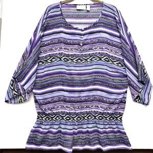 Chicos 3 XL Purple Geometric Sheer Ruched Smocked Elastic Waist Blouse Top Aztec
